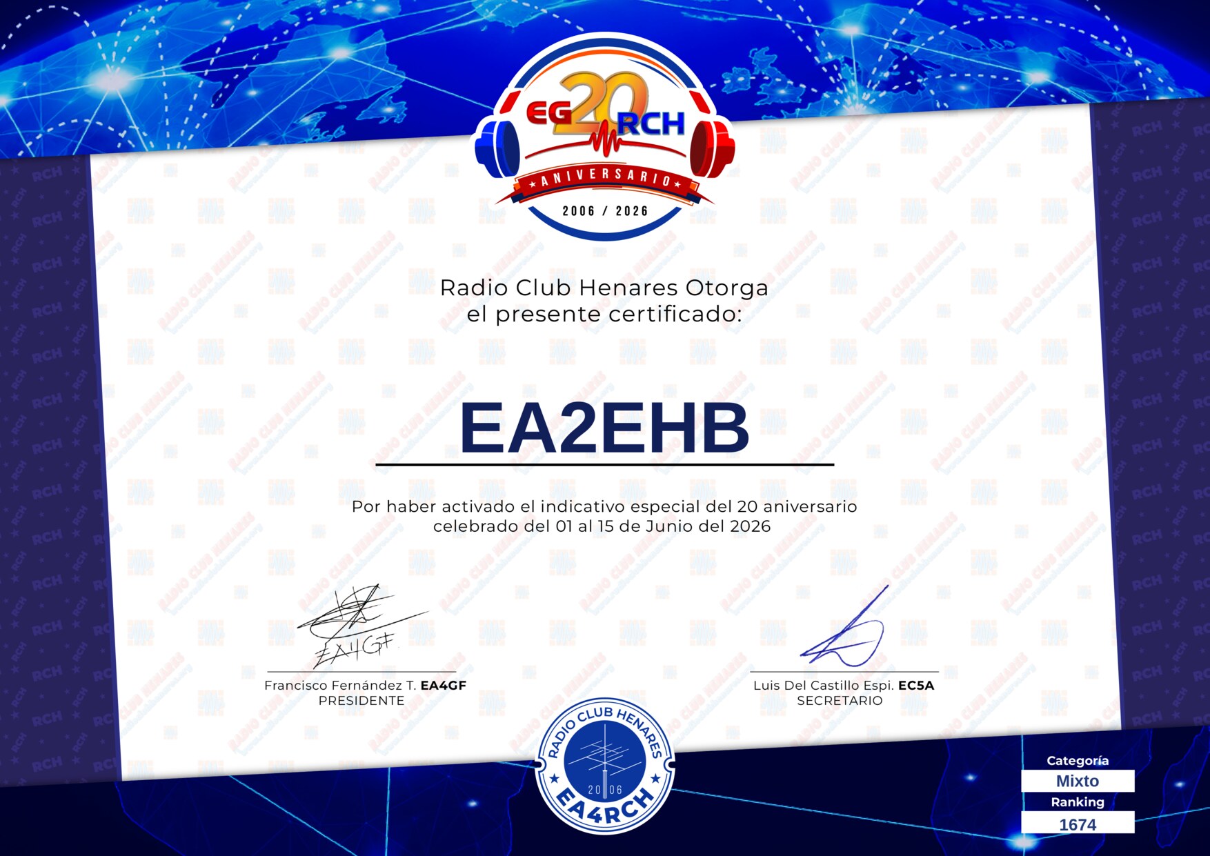 Diploma EG20RCH de EA2EHB