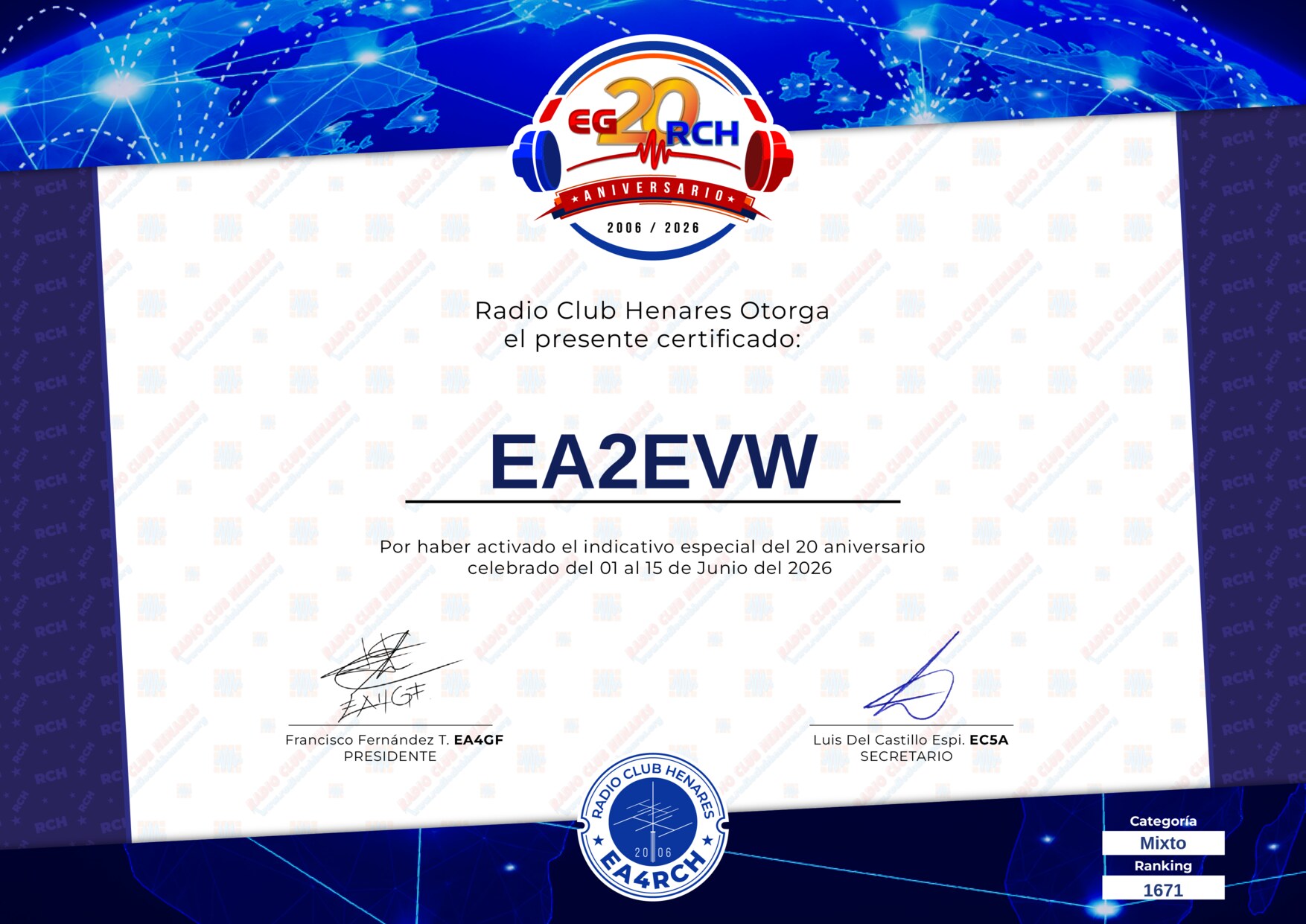 Diploma EG20RCH de EA2EVW