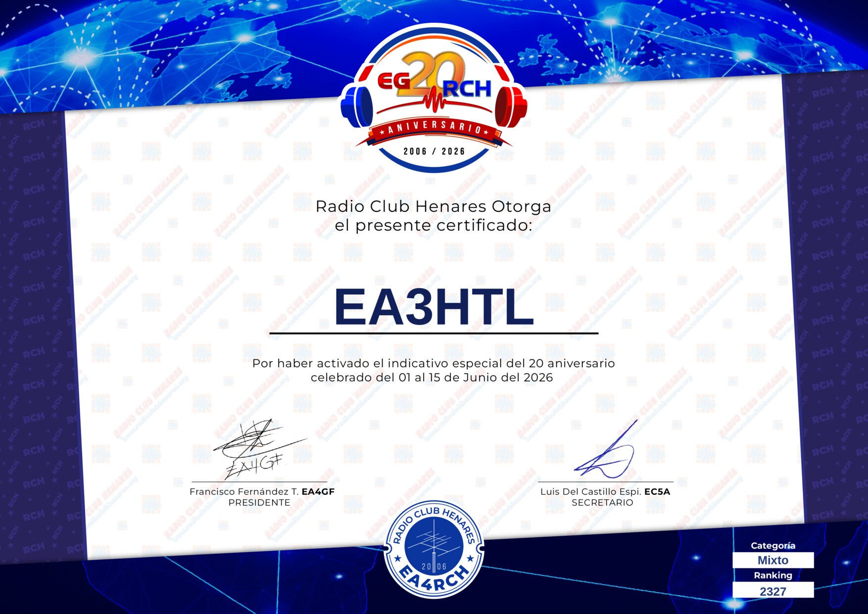 Diploma EG20RCH de EA3HTL