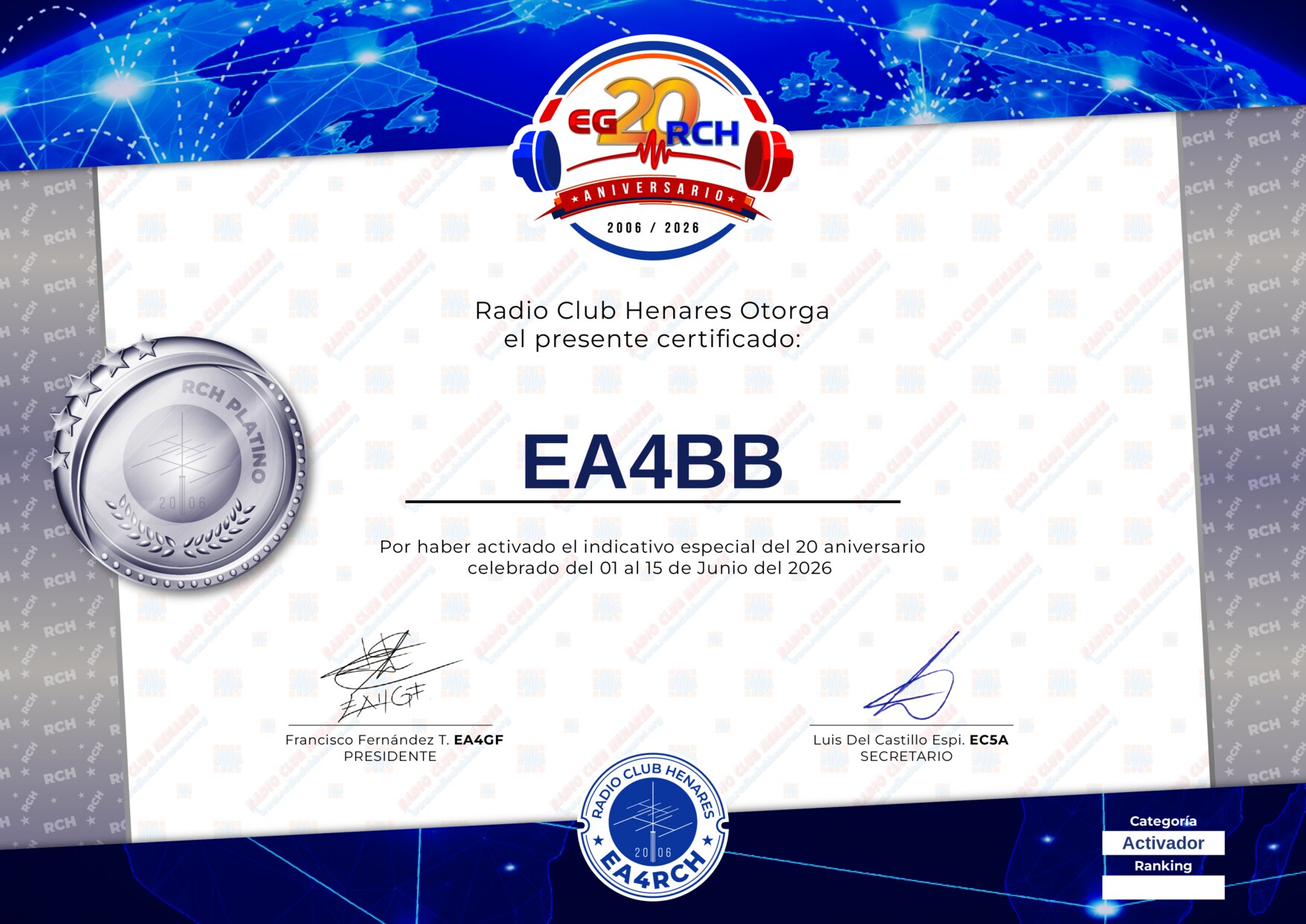 Diploma EG20RCH de EA4BB