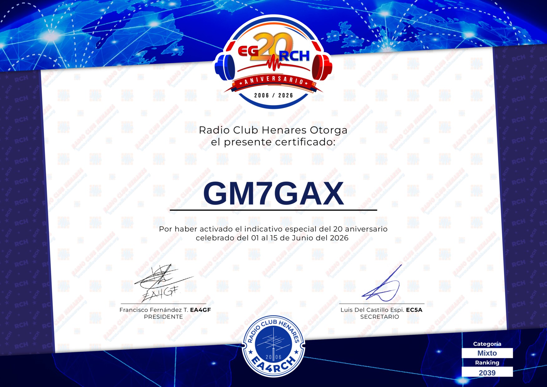 Diploma EG20RCH de GM7GAX