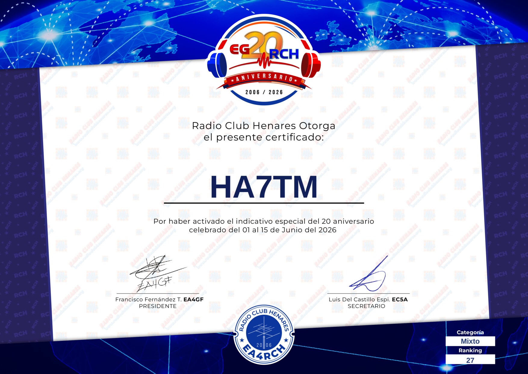 Diploma EG20RCH de HA7TM