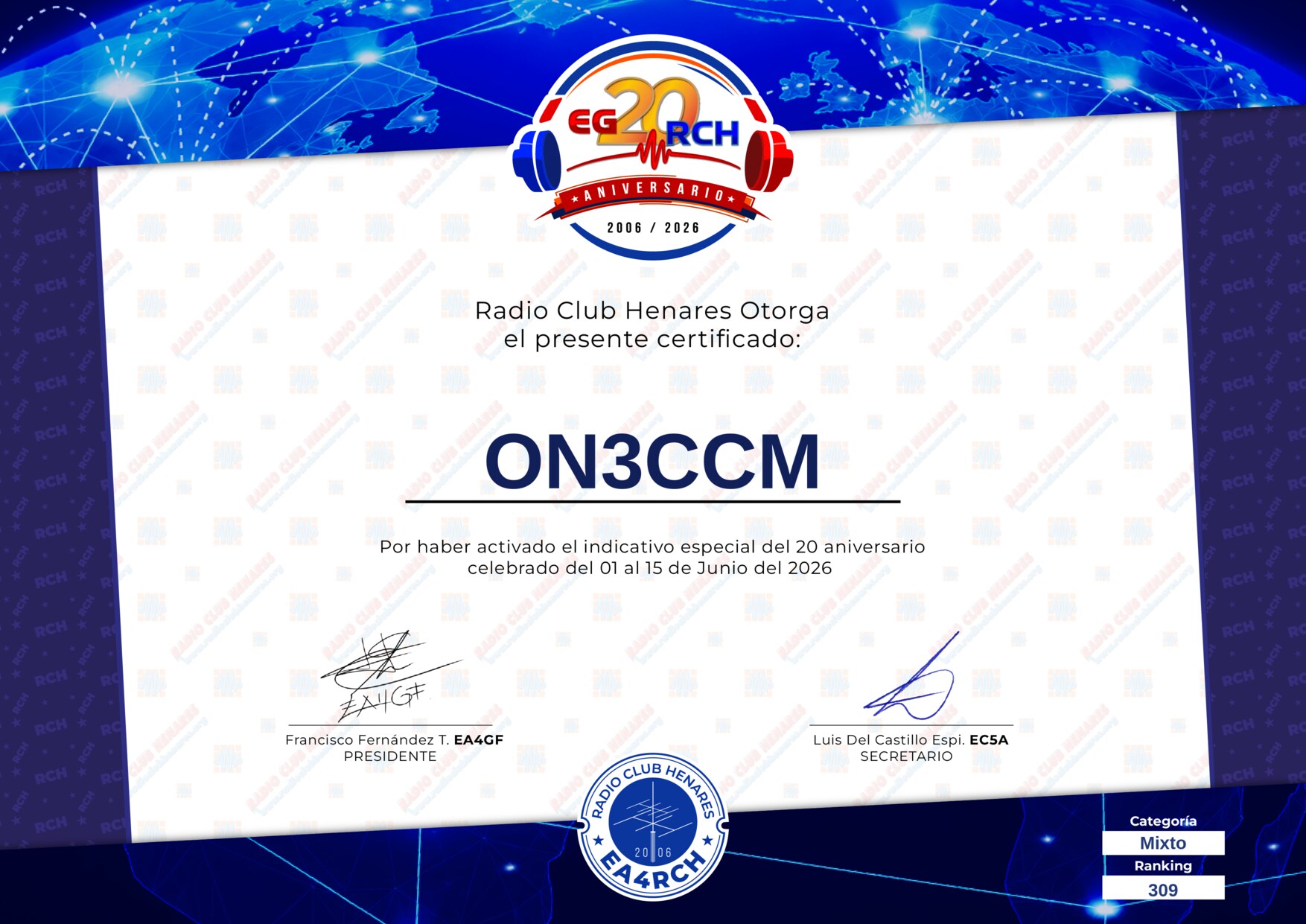 Diploma EG20RCH de ON3CCM